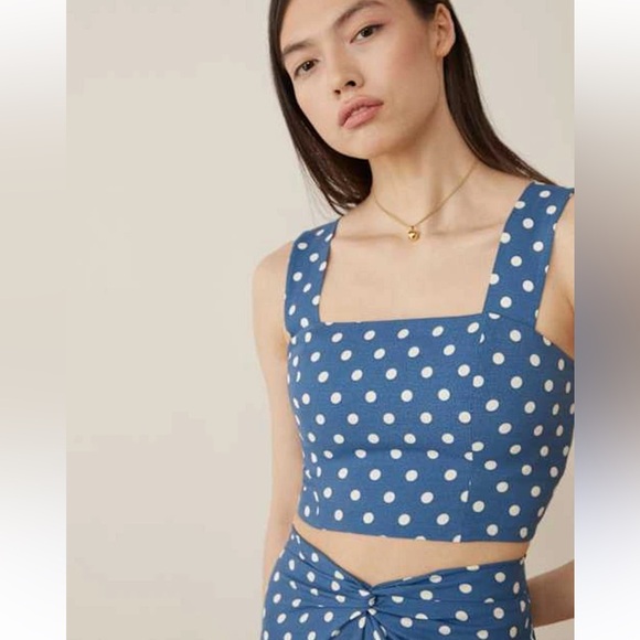 Reformation Colbi Top & Skirt Set Blue Polka Dot Size 0 - Picture 2 of 10